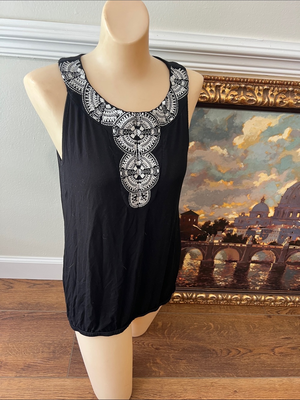 Willi Smith Black Tank with White Embroidered Neckline